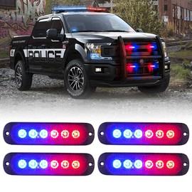 Xprite 4pcs LED Emergency Strobe Lights,Red Blue 12- LED Surface Mount Flashing Strobe Lights, Sync Feature Ultra Slim Grill Lights for Volunteer Trucks ATV SUV Vehicles