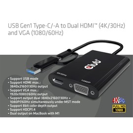 Club 3D Adapter USB Gen1 Type-C/-A to Dual HDMI™ (4K/30Hz) / VGA (1080/60Hz)