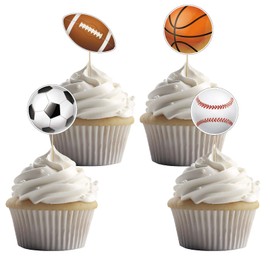 Pack of 36 Sports Cupcake Toppers - Basketballs, Footballs, Baseballs, Rugby Balls - Sports Theme Party Decorations