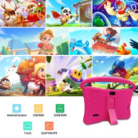 SAIWAN 7 inch Kids Tablet with Shockproof Case, 1GB RAM 16GB ROM, Android Toddler Tablet with Bluetooth, WiFi, GMS, Parental Control, Educational, Games(Pink)
