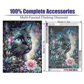 Cat Diamond Art Kits for Adults - Flowers Diamond Painting Kits DIY 5D Full Drill Diamond Dots Paintings with Diamonds Gem Art and Crafts for Home Decor 12x16 Inch