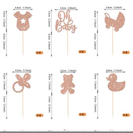 24 piezas de adornos para cupcakes de baby shower, chupete con purpurina, para llevar de bebé, osito de oh, para revelar el género, baby shower, suministros para fiestas de cumpleaños, color oro rosa