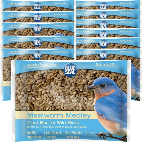 Blue Seal Mealworm Medley Suet Treat Bars for Wild Birds - No Mess Suet Feed for Woodpeckers, Cardinals, Siskins, Sparrows & More - 7 oz Bird Seed Cakes (Pack of 12)