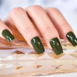 LINSSQ Glossy Dark Green Press on Nails, Medium Length Coffin Square False Nails, Beauty Solid Color Manicure Reusable UV Gel Fake Finger Nail Art for Daily Office Party