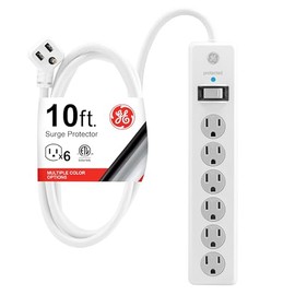 GE Tira Multicontactos De 6 Salidas Con Supresor De Picos Y Enchufe Plano, Cable De Extensión De 3 Metros (10 Pies), 800 Julios, Cubiertas De Seguridad Con Giro Para Cerrar, Blanco, 1 Unidad, 14092