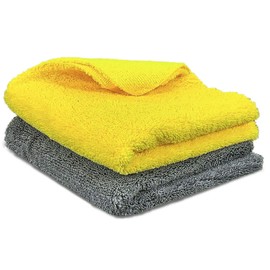 Towelogy® 420gsm Professional Microfibre Edgeless Car Cloths QUICK DRY for Auto/Moto Detailing Polishing Washing STREAK FREE & LINT FREE 40x40cm (Charcoal/Yellow, Pack Of 2)