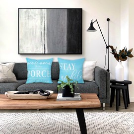 TAJWE Blue Outdoor Pillow Covers Waterproof 16x16 Set of 2 Welcome to Our Porch Stay Awhile Cushion Cases for Patio Furniture Sofa Couch Decor