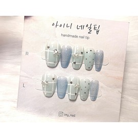 [In-store special discount]Pastel blue ribbon heart point handmade nail tips - Coffin Egg / [입점초특가할인]파스텔블루 리본하트포인트 수제네일팁 - 코핀에그