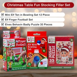 Elf Christmas Games Bundle – Mini Elf Bowling Set, Elf Finger Football & 35pc Christmas Puzzle for Kids, Stocking Fillers, Christmas Eve Box Fillers, Fun Christmas Games for Children