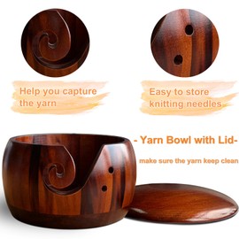 Yarn Bowl for Knitting,Yarn Bowls for Crocheting, Crochet Bowls for Yarn, Yarn Bowl with Lid and Carved Holes, Knitting Bowl 3x6 inch, Knitting Crochet Accessories