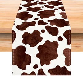 Linen Watercolor Cow Print Table Runner 72 Inches Long Cowhide Tablecloth Farm House Barnyard Animals Western Party Home Kitchen Table Decoration
