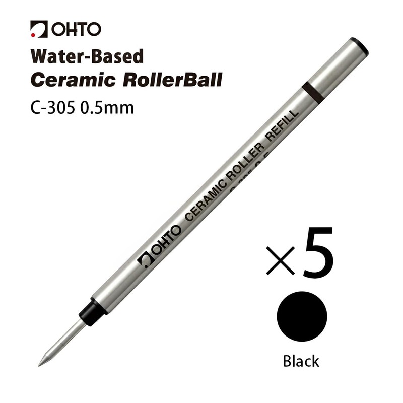 Ohto Ceramic Roller Water-Based Refills C-305P, Black Ink, Metal Body