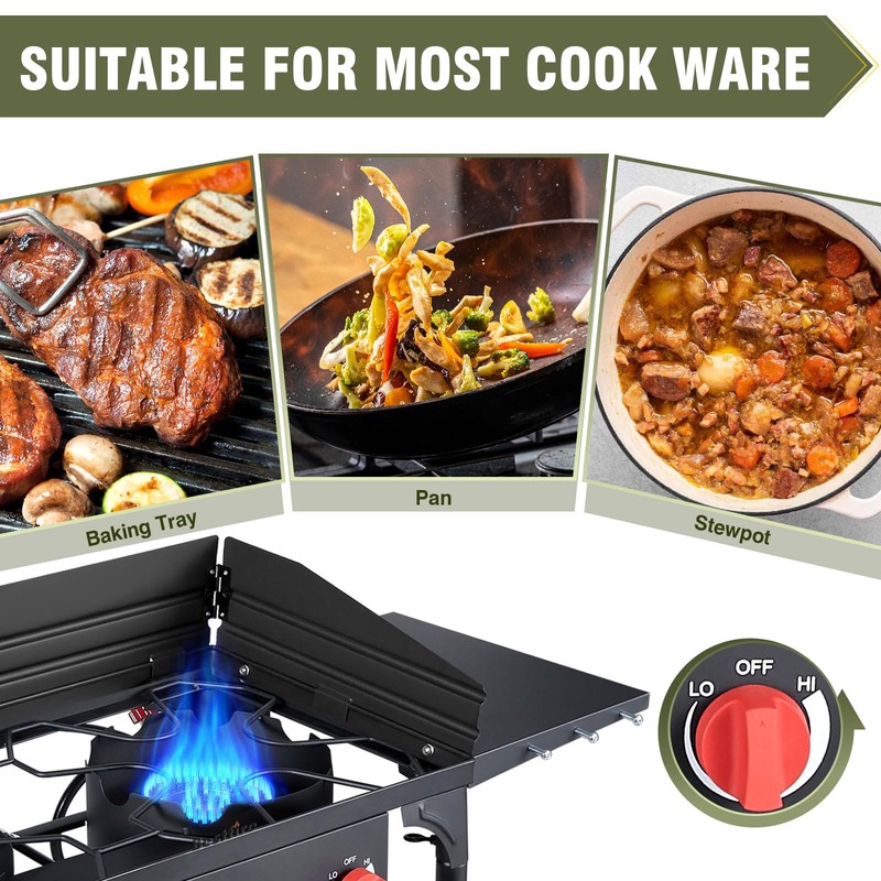 Bestfire 2 Burner Camping Stove with Windpanel& Side Shelves, Bag,