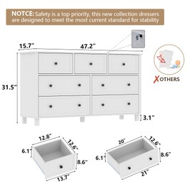 Farmhouse 7 Drawers Dresser for Bedroom, White Dresser Chest of Drawers, Wood Storage Dressers with Deep Drawers and Metal Handle, Wide Modern Dressers & TV Stand for Living Room, Closet, Hallway