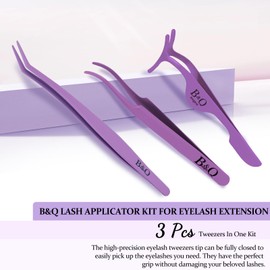 B&Qaugen Lash Applicator 3 PCS Lash Applicator For False Eyelashes Lash Applicator Tool DIYEyelash Extension Tweezers Kit （Purple，3PCS ）