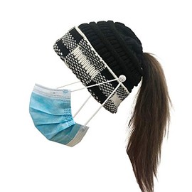 Bocianelli Womens High Messy Bun Beanie Hat with Ponytail Hole, Winter Warm Trendy Knit Ski Skull Cap Leopard -Black