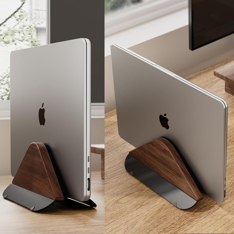 Vinnatsuノートパソコンスタンド 縦置きスタンド 収納 PCホルダー 木製縦型滑り止めで、安定感がありますホルダー デの省スペースMacBook Proと他のノートパソコンにフィット 0.1インチから1.5インチ デスク用垂直ホルダー ブラックウォールナットウッド