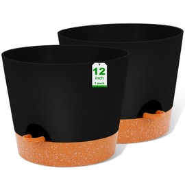 GARDIFE 12 inch Plant Pots, planters,Self Watering Pots, 2 Pack Large Plastic Flower pots with Deep Reservior and High Drainage Holes for Indoor Outdoor Plants and Flowers, Black