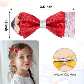 Back To School Pencil Hair Bow Clips, Sparkly First Day of School Hair Clip Leather Pencil Hair Bow Graduation and School Season Hair Accessories for Girls, Red