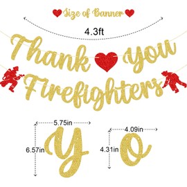 Thank You Firefighters Banner, Firefighter Appreciation Day Party Decor, NO-DIY Firefighters Day Party Decorations, Red and Gold Glitter
