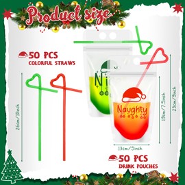 Zhanmai 50 Set Christmas Drink Pouches with Straws Adults Drink Bags Reclosable Plastic Drinking Pouches Team Naughty Team Nice Juice Pouches Xmas Juice Pouch for Christmas Party Supplies