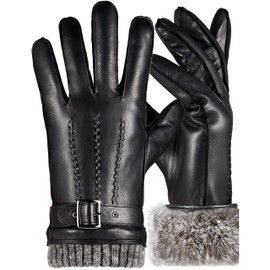 OCXMME Handsome Very Warm Mens Fur Lined Leather Gloves Rabbit Fur Genuine Lambskin Touchscreen Texting Driving Gloves Black Medium