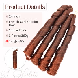 S-noilite French Curl Braiding Hair 24 inch 3 Pack Loose Wavy Spiral Curly Crochet Hair Deep Wave Synthetic Extensions for Braiding Pre Stretched Bouncy Braiding Hair, Auburn to Copper