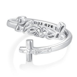 OHAYOO Cross Rings 925 Sterling Silver Ring with Letters Blessed Jesus Ring with Engraving All Things Are Possible Ring Adjustable Jewelry Religious Gift for Men Women Christians