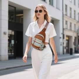 cakang 7L Straw Crossbody Bags for Women - Fashion Sling Chest Bag with Rainbow Woven Design, Lightweight Fanny Pack Travel Leather Shoulder Bag (Brown)