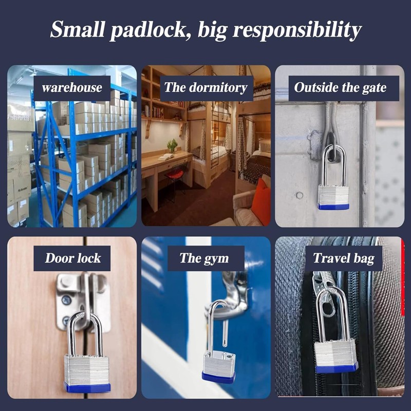 Padlock with Keys, 40mm Steel, Long Shackle, Blue, 2-Pack, Weatherproof