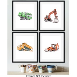 Boy's Bedroom Construction Vehicles Wall Art - Set of 4 Modern Nursery Room Decor for Boys - Toy Room and Playroom Wall Art for Boys - Great Gift for Kids Bedroom - 11x14 unframed prints