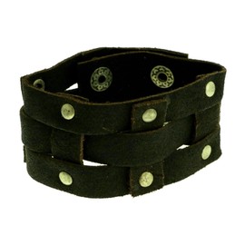 Dark brown faux leather strap bracelet with woven and silver-tone studded design 9B8M