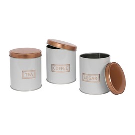 Harbour Housewares 3pc Round Metal Tea Coffee Sugar Canisters Set - White/Copper - Kitchen Storage Tin Caddy Container Canister Jars with Lid