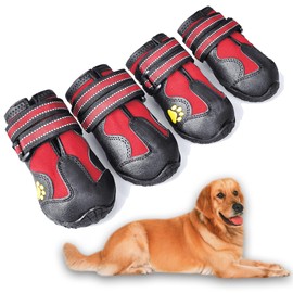XSY&G Dog Boots,Waterproof Dog Shoes,Dog Booties with Reflective Strips Rugged Anti-Slip Sole and Skid-Proof,Outdoor Dog Shoes for Medium Large Dogs 4Pcs Red-Size 6