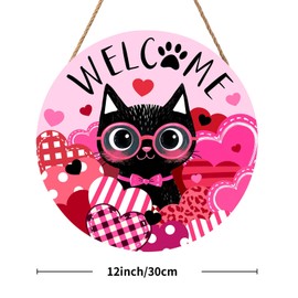 Welcome Valentine's Day Black Cat Door Sign For Front Door Decor,Pink Love Heart Wooden Sign 12"x 12" Round Wood Hanging Door Sign Anniversary Wedding Decoration for Wall Rustic Decor