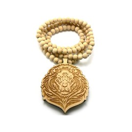 NYFASHION101 Lion Head Wood Pendant 36" Wooden Bead Chain Necklace, Natural