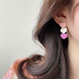 Inilbran Boho Love Heart Tassel Earrings Acrylic Heart Earrings Long Heart Earrings Pink Heart Love Earrings Long Dangle Heart Earrings Jewellery for Women, Zinc, No Gemstone