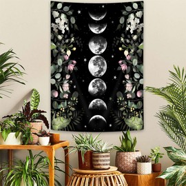 Moon Phase Tapestry with Green Plants and Aesthetic Flowers, Green Eucalyptus Fantasy Wall Hanging Aesthetic Botanical Floral Wall Art Small Boho Hippie Mandala Tapestry for Room Decor 40X60 Inches
