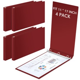 Humyoun 4 Pcs 11 x 17 Inch 3 Ring Binders 2 Inch Rings Heavy Duty View D Ring Binders Economy Holds 11" x 17" Paper for Artwork Blueprints, Office, Home, Work Places(Red)