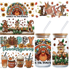 UV DTF Cup Wraps Stickers - 5 Sheets Fall Thanksgiving Day UV DTF Cup Wraps for 16 OZ, Autumn Turkey Dwarf Maple Leaf Designs UVDTF Decals, Fall Harvest Theme Rub on Transfer Decal for Glass Mug