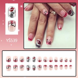 Valentine's Day Fake Nails French Tip Press on Nails Short Square Nails 24Pcs Cute Heart Acrylic Nails with Silver Pink Glitter Designs Coffin False Nails Tip Full Cover Stick on Nails for Women Girls