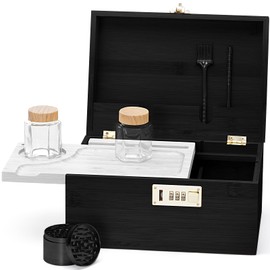 Youpehom Large bamboo box, locked storage decorative box with combination lock, wooden lock box with lid, wooden locked storage box with removable tray and jars(Black&White)