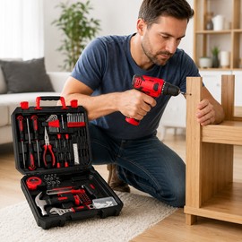 126-Piece Home Tool Kit with 8V Cordless Drill – Rechargeable DIY Repair Set with Organized Storage Case