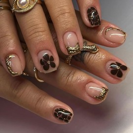 OHWODA Square Press On Nails Short, Brown Leopard Flower, 24 Pcs, Full Cover, 3D Gold, Acrylic, False Nails with Glue Tabs, Stick On Nails for Women Girls, Nail Art