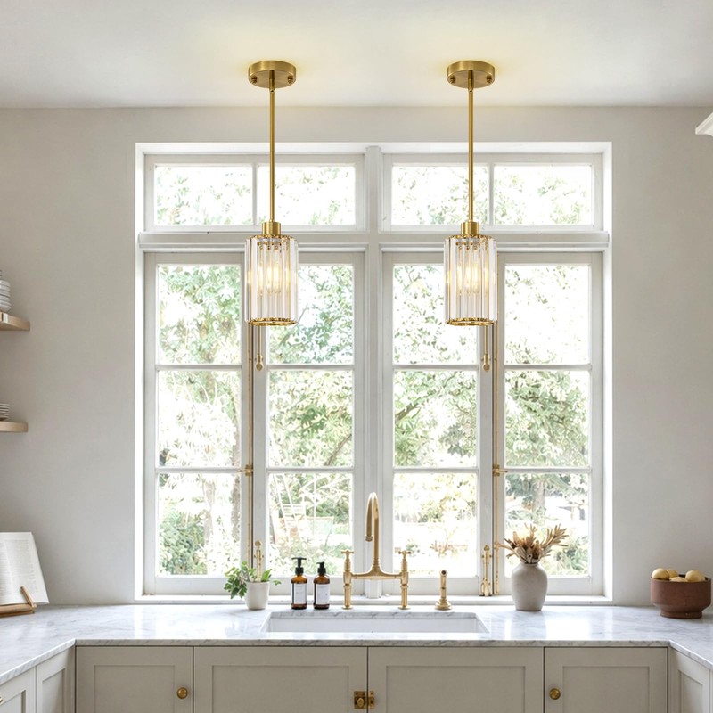 HONIEGG 5.1" Mini Modern Gold Crystal Kitchen Island Pendant Lights