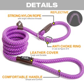 Fida Slip Rope Dog Lead | 1.8m, One-Size-Fits-All, Slip-On Rope Leash. Easy to Slip On, No Collar or Harness Needed. Durable & Weather Resistant Climbers Rope with Reflective Stitching (Purple)