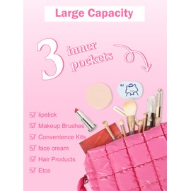 Dulayoo Quilted Makeup Bag Cosmetic Bag, Travel Toiletry Bag for Women, Cute Makeup Bag Organizer Puffer Pouch Hot Pink A