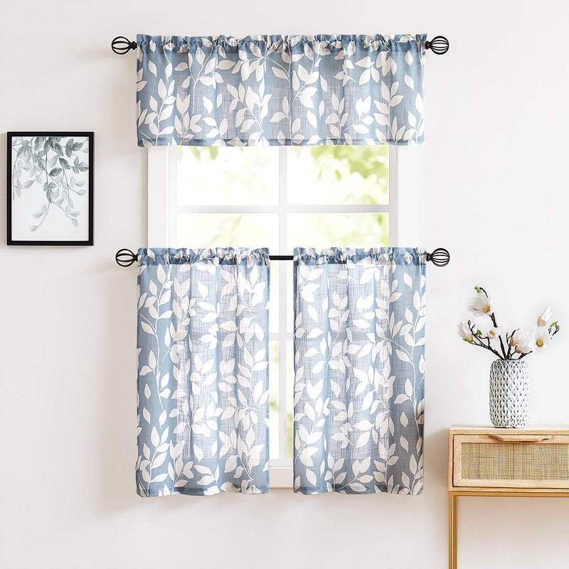 Blue White Kitchen Valance Curtain Leaf Print Window Valance for