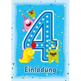 6 Invitation Cards 4th Kids Birthday Boys Girls Funny Monster Fourth Birthday Invitations Invitations Birthday Party Card Set