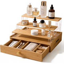Bamboo Perfume Organizer with Drawer, 3 Tier Makeup Display for Countertop
